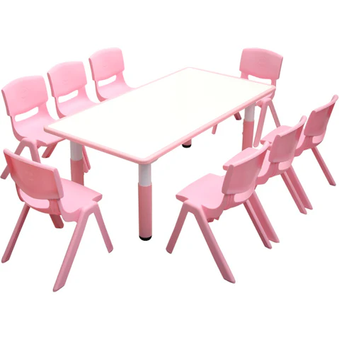 HelloDeal 120 x 60cm Kids Whiteboard Drawing Activity Table and 8 Chair Set - Pink