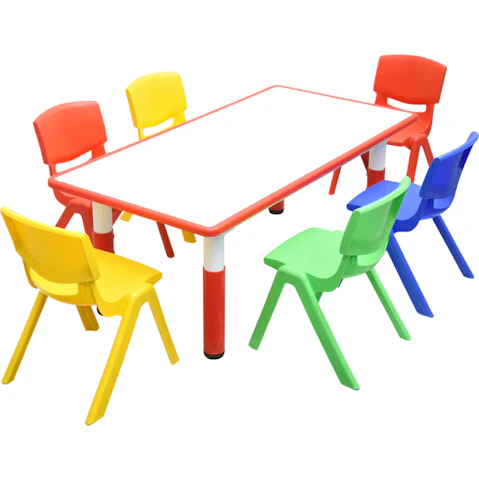 HelloDeal 120 x 60cm Kids Whiteboard Drawing Activity Table and 6 Mixed Chair Set - Red