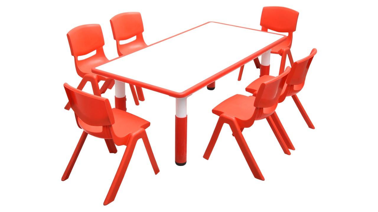 HelloDeal 120 x 60cm Kids Whiteboard Drawing Activity Table and 6 Chair Set - Red