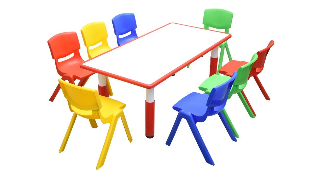 HelloDeal 120 x 60cm Kids Whiteboard Drawing Activity Table and 8 Mixed Chair Set - Red