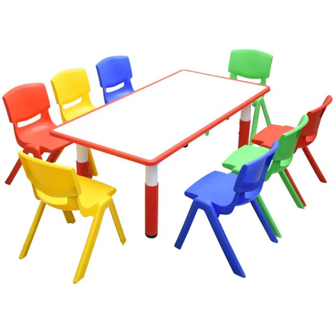HelloDeal 120 x 60cm Kids Whiteboard Drawing Activity Table and 8 Mixed Chair Set - Red