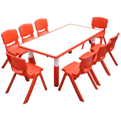 HelloDeal 120 x 60cm Kids Whiteboard Drawing Activity Table and 8 Chairs Set - Red