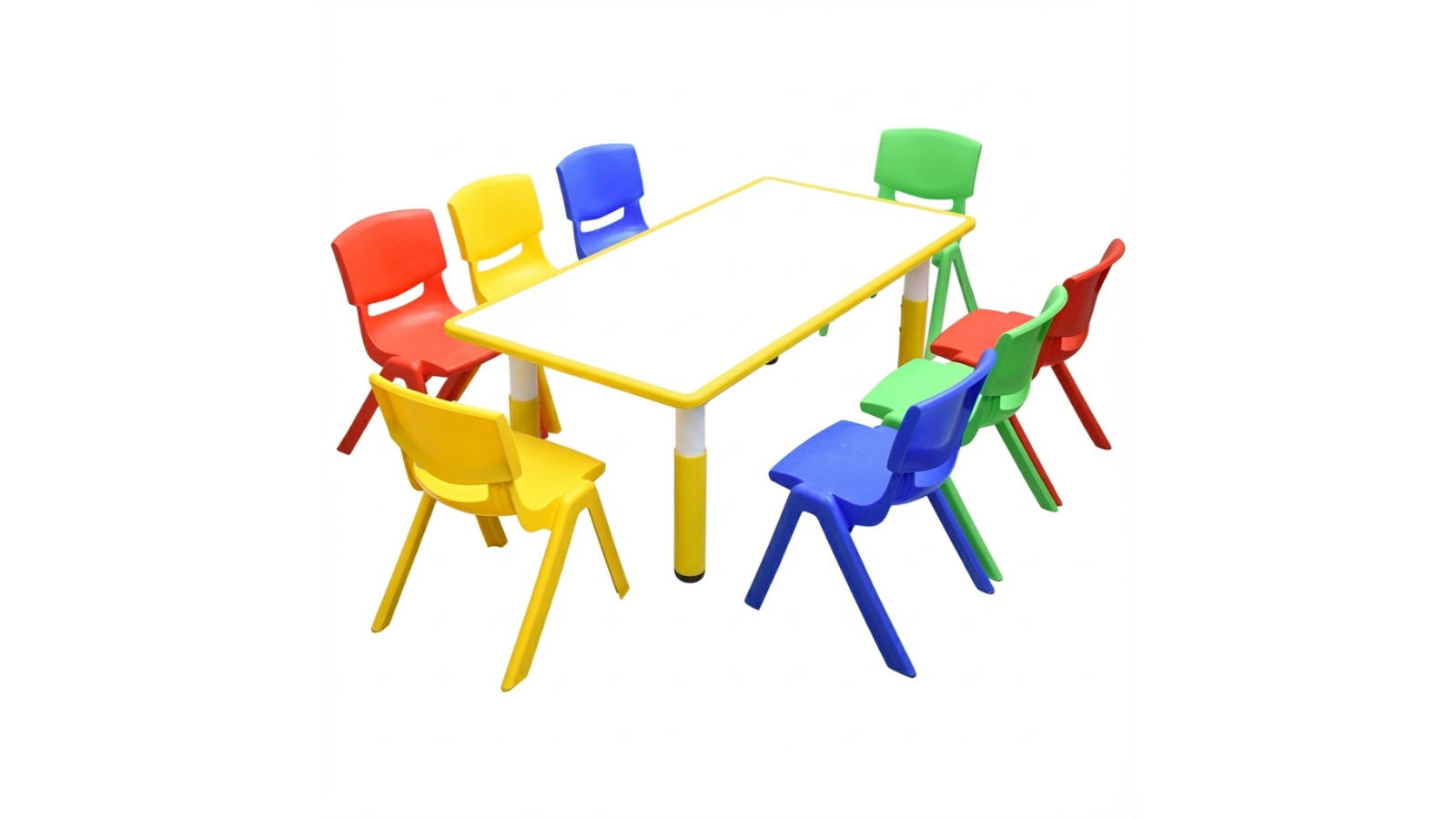Hello Deals Kids Yellow Whiteboard Drawing Table and 8 Mixed Colour Chair Set - 120 x 60cm