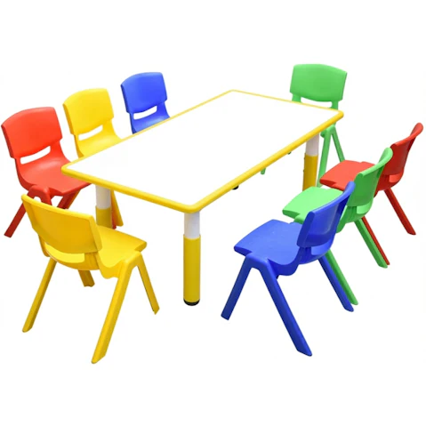 Hello Deals Kids Yellow Whiteboard Drawing Table and 8 Mixed Colour Chair Set - 120 x 60cm