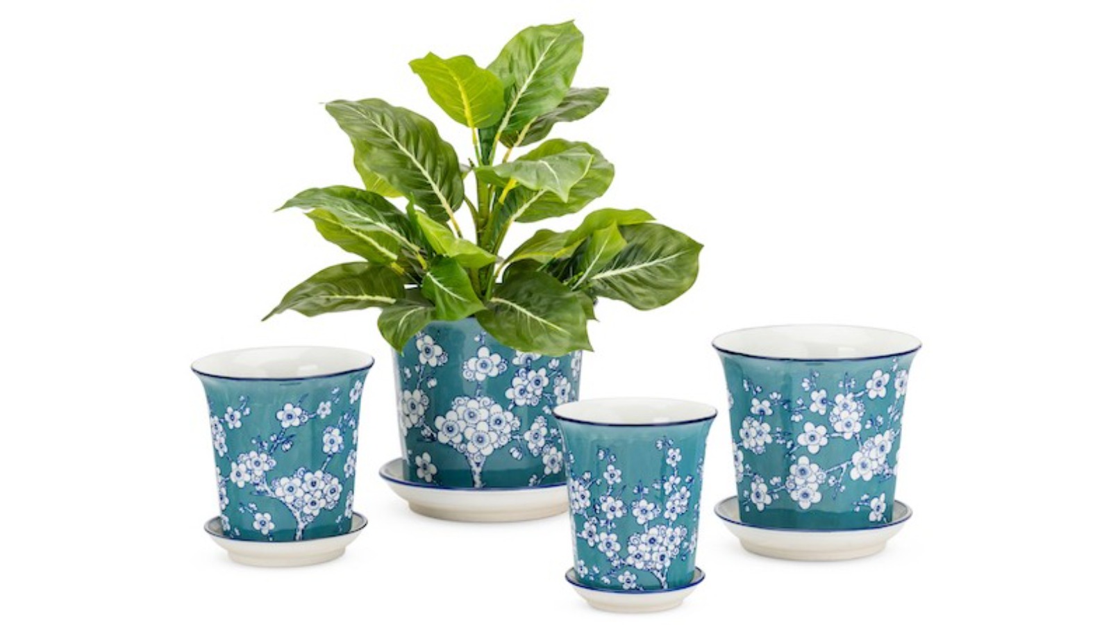 Set of 4 Fluted Pot Planter with Saucer - Jade/White