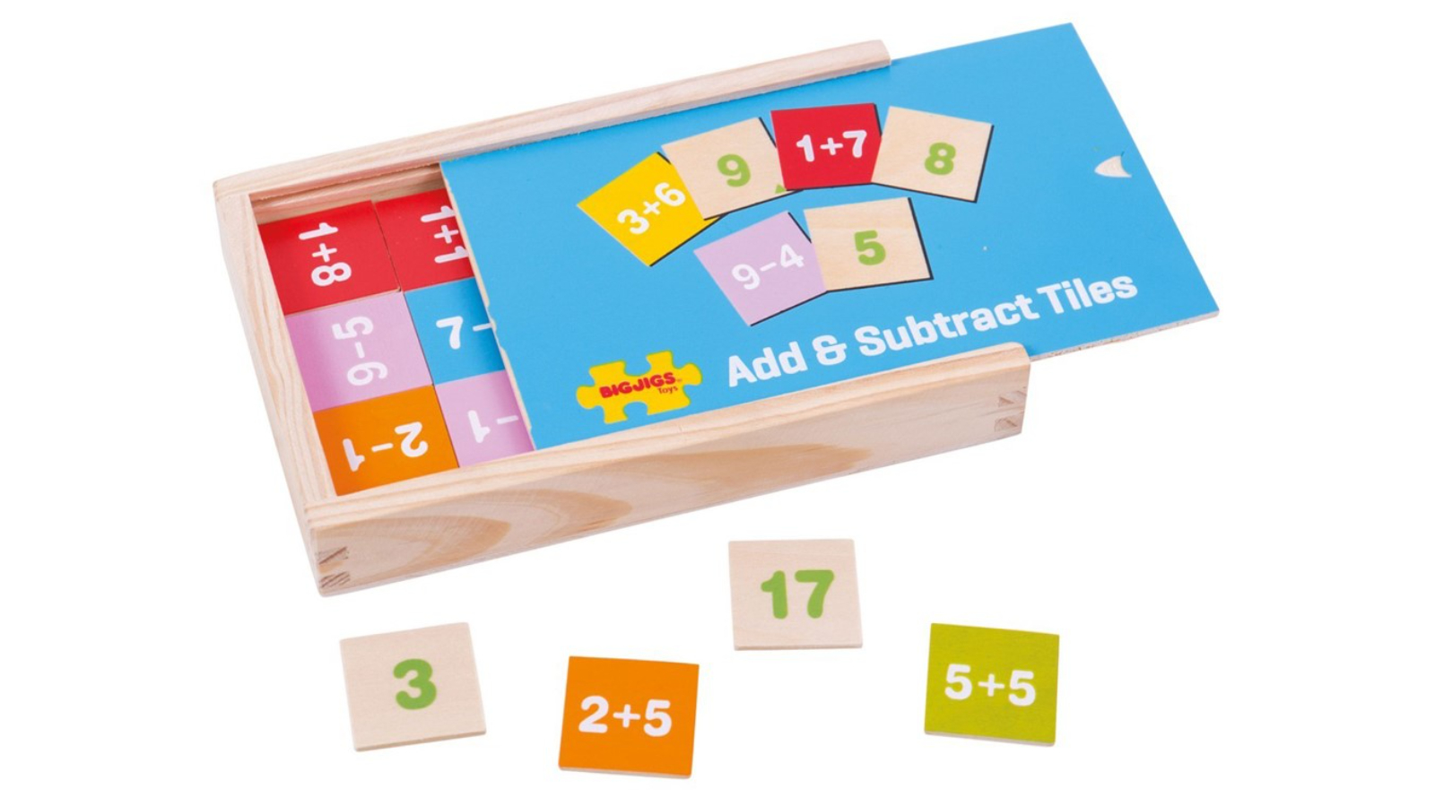 Bigjigs Toys 81 Piece 19.5cm Kids Wooden Add and Subtract with Box - 3 year+