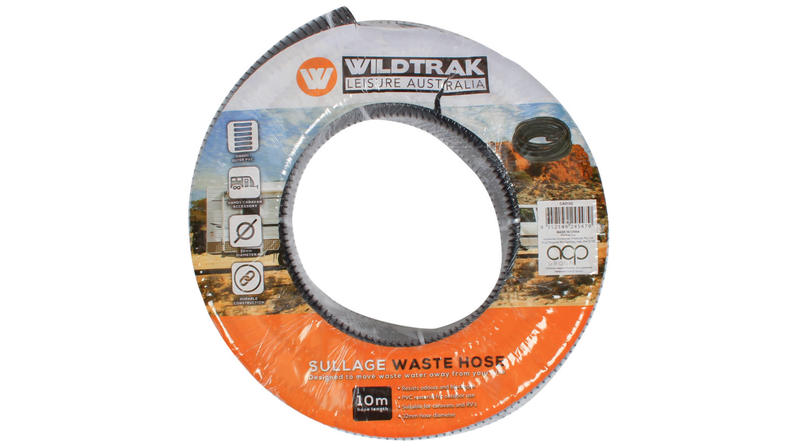 Wildtrake 10m Ribbed PVC Sullage Waste Water Hose Accessory For Caravan - Black