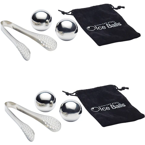 Barcraft 2 x 3 Piece Stainless Steel Ice Ball Set Bar Accessories with /Tong/Ball/Bag SLV