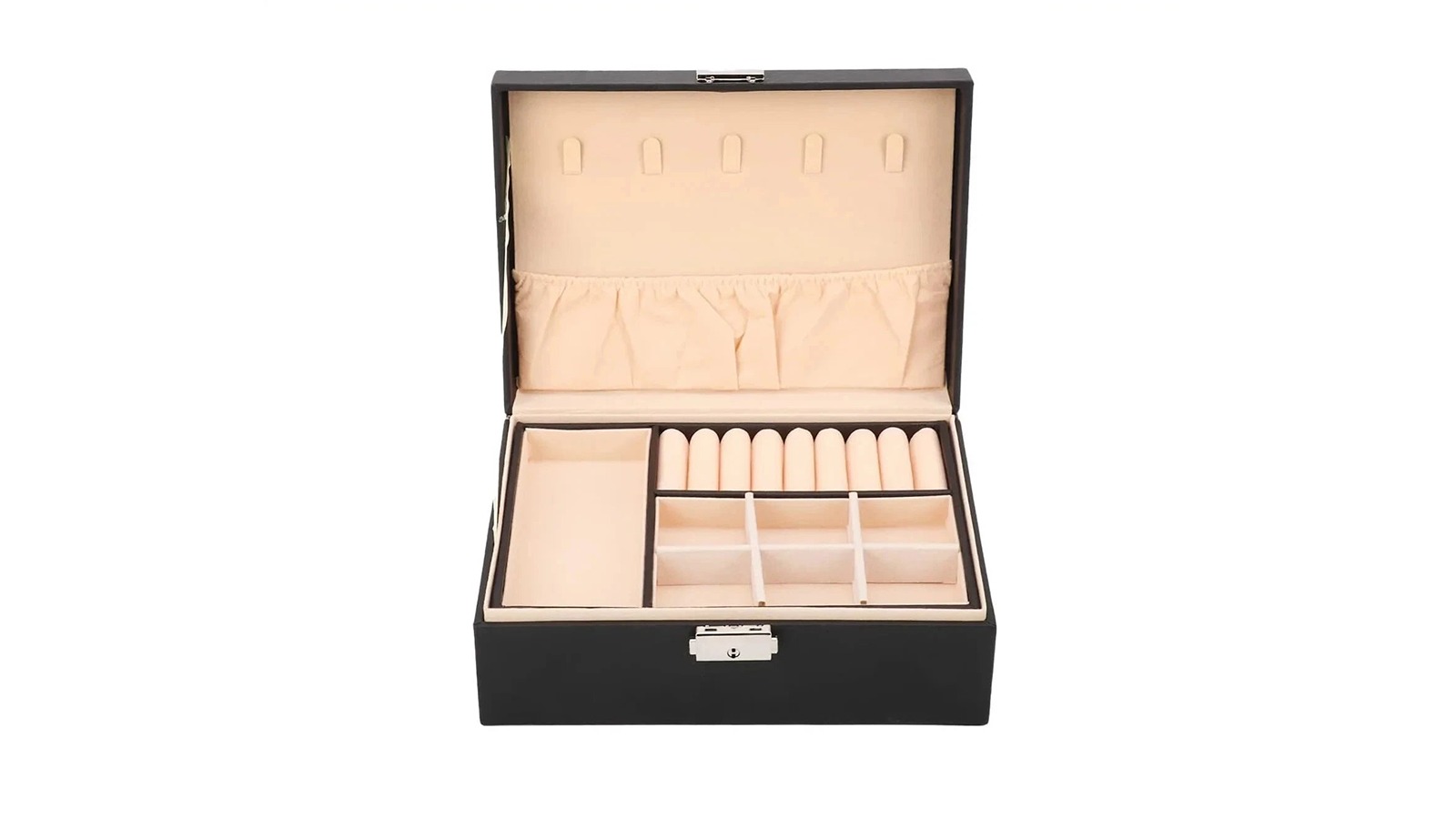 Pretty & Practical Large Leather Jewelry Organizer with 2-Layer Display - Black