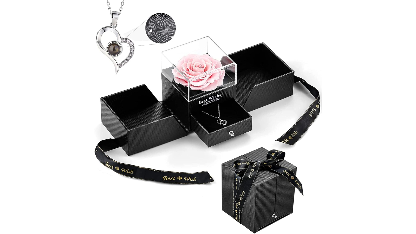 Pretty & Practical Preserved Real Eternal Rose with I Love You in 100 Language Necklace - Pink