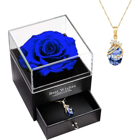 Pretty & Practical Gift for Valentines Day Eternal Rose with Necklace - Blue