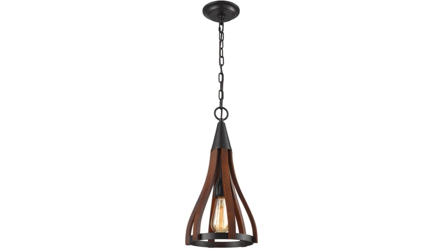 KHALEESI Medieval Style Rustic Oak Dark Red Wood Bell Pendant Light - Small