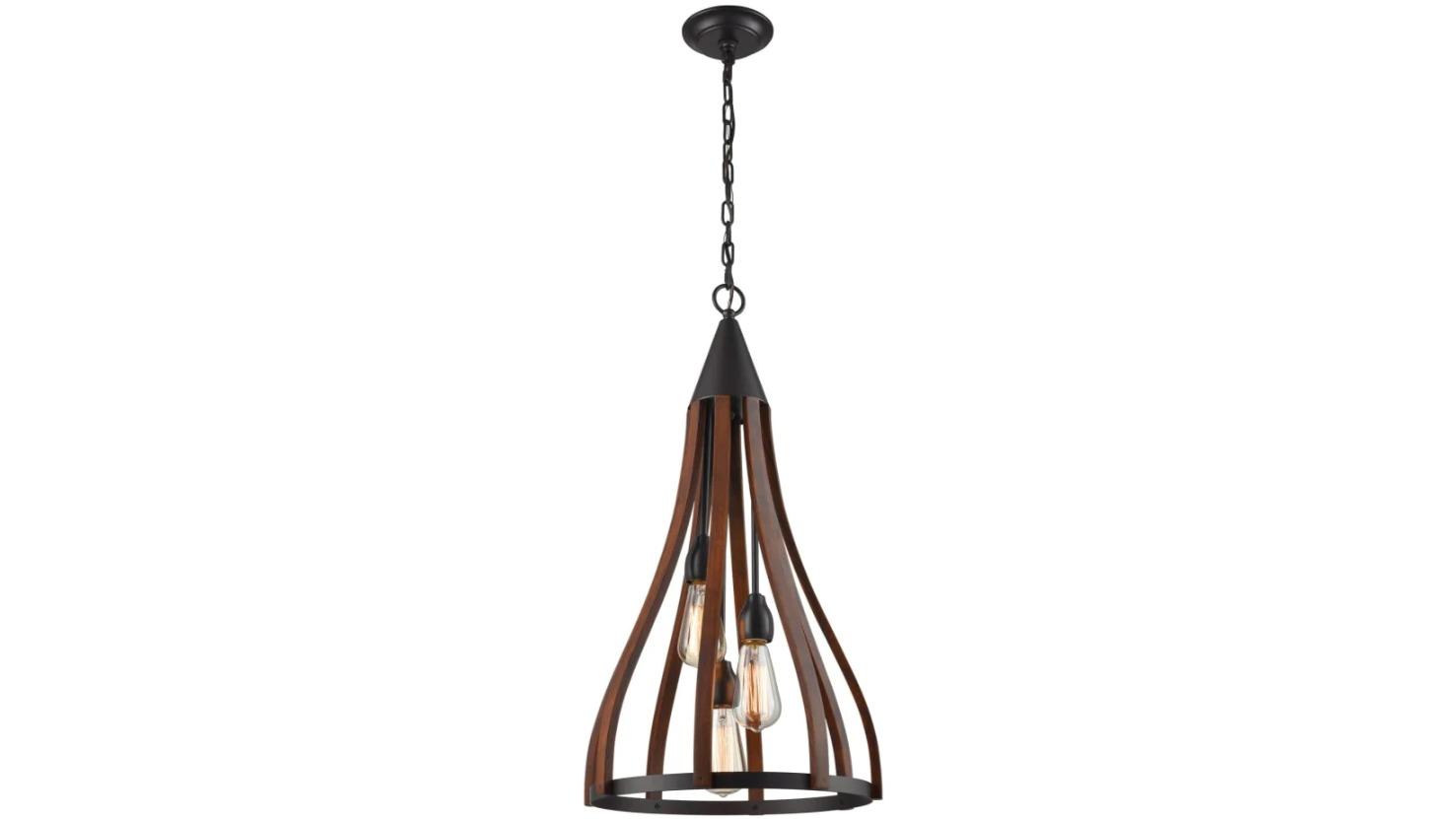 KHALEESI Medieval Style Rustic Oak Dark Red Wood Bell Pendant Light - Medium