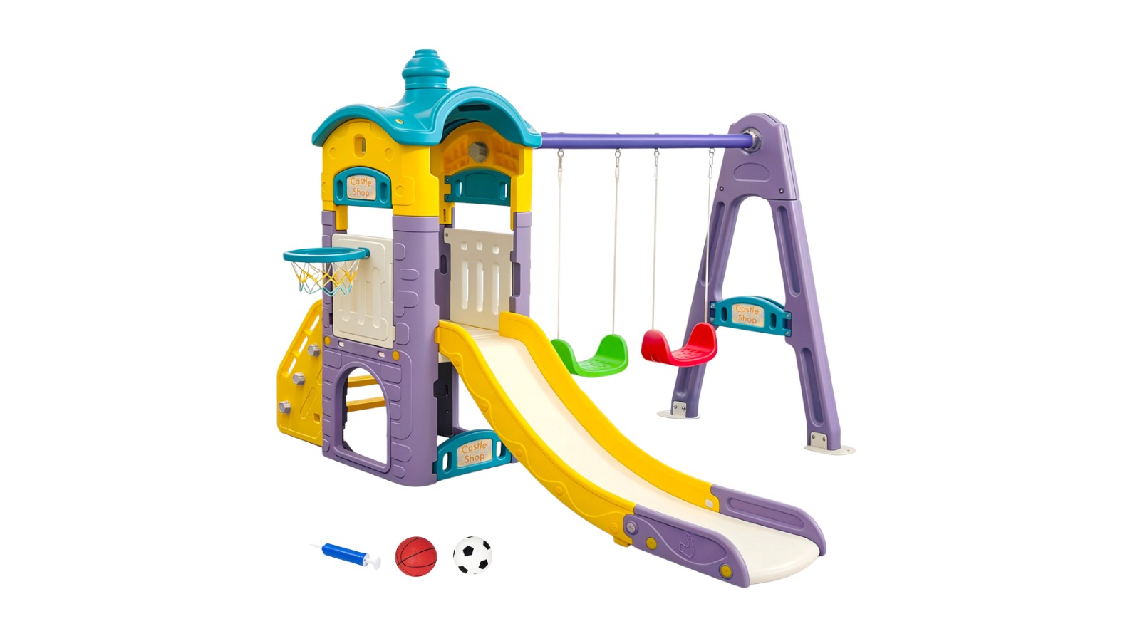 Keezi Kids 4-in-1 Slide Swing Set Double Swing Playhouse