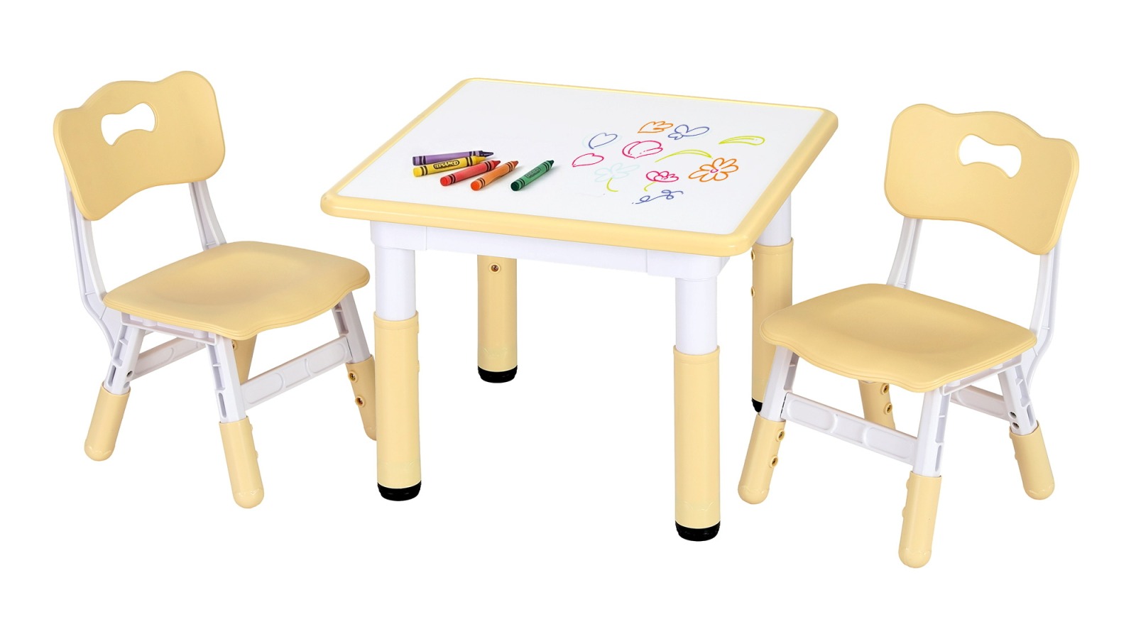 Keezi Kids Height Adjustable Table and 2 Chairs Set with Graffiti Desktop - Yellow