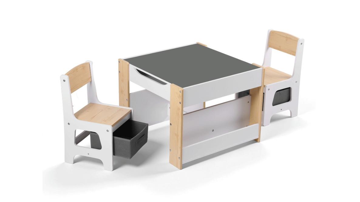 Keezi Kids 4-in-1 Table, Chairs Set with Bookcase and Storage Box - Natural