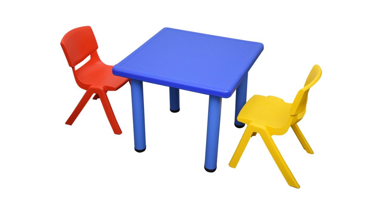 HelloDeal 60 x 60cm Kids Square Table and Red/Yellow 2 Piece Chair - Blue