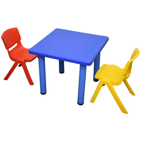 HelloDeal 60 x 60cm Kids Square Table and Red/Yellow 2 Piece Chair - Blue