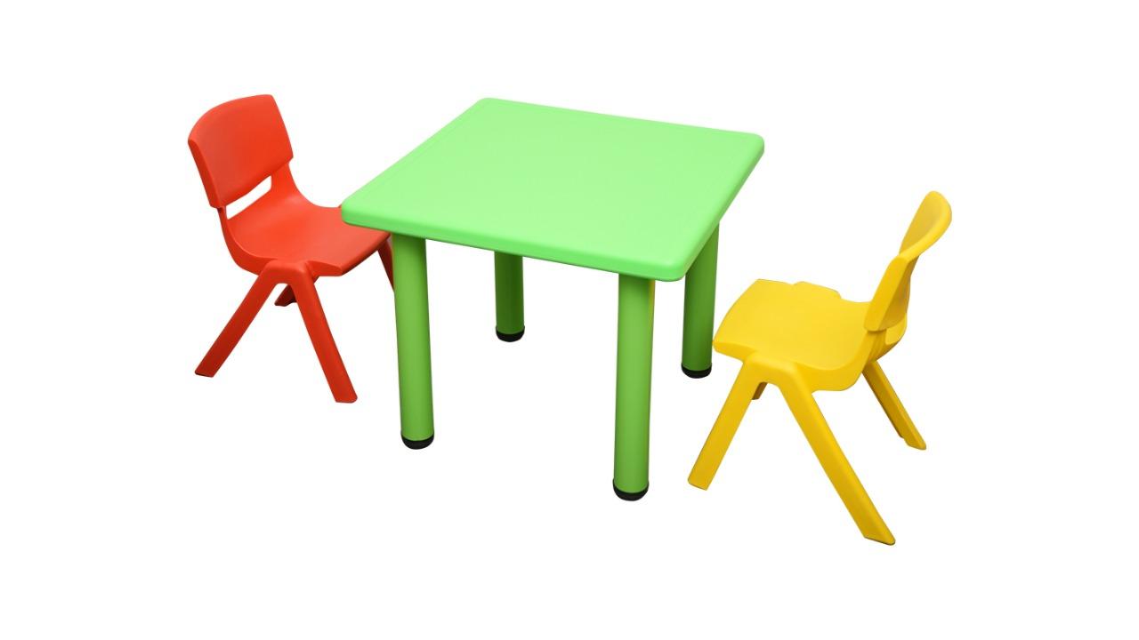 HelloDeal 60 x 60cm Kids Square Table and Red/Yellow 2 Piece Chair - Green