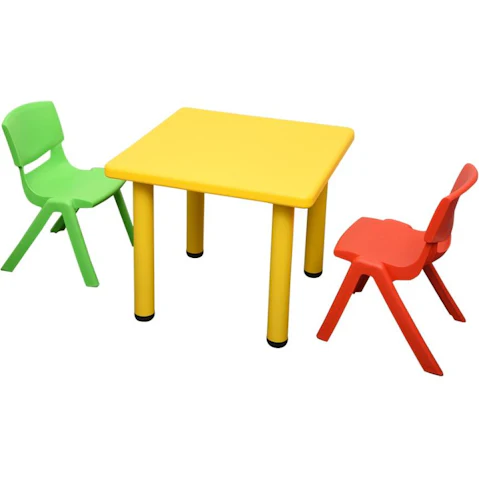 HelloDeal 60 x 60cm Kids Square Table and Green/Red 2 Piece Chair - Yellow