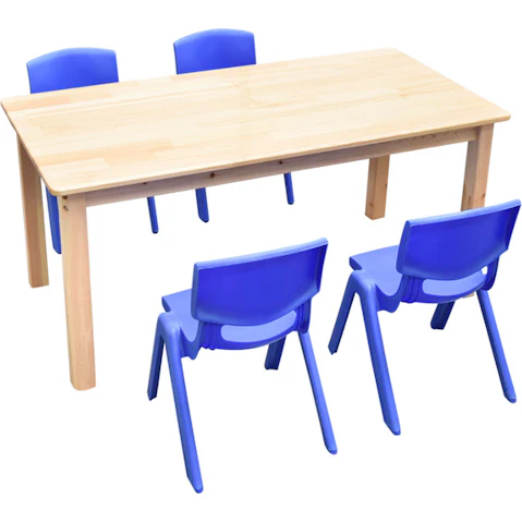 HelloDeal 120 x 60cm Wooden Timber Pinewood Kids Study Table and 4 Plastic Chair Set - Blue