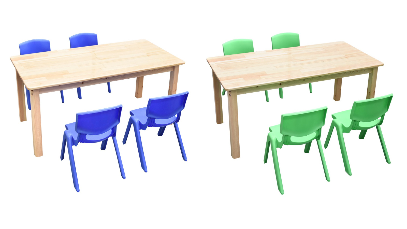 HelloDeal 120 x 60cm Wooden Timber Pinewood Kids Study Table and 4 Plastic Chair Set