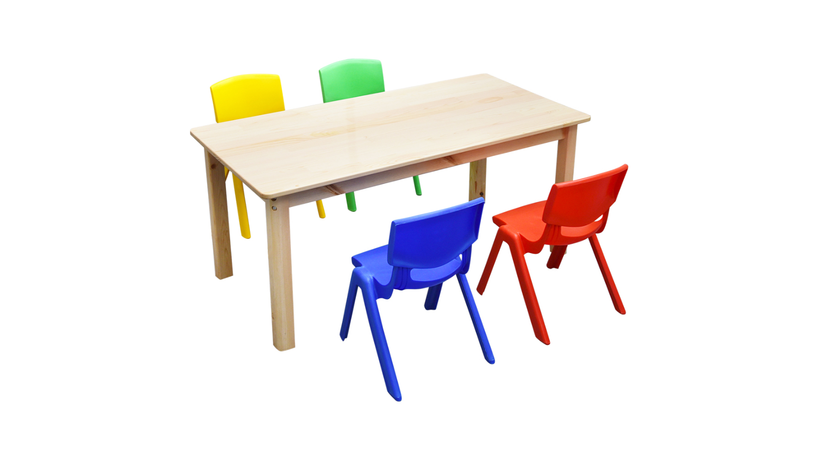 HelloDeal 120 x 60cm Pinewood Kids Study Table and 4 Piece Plastic Chair Set - Mixed