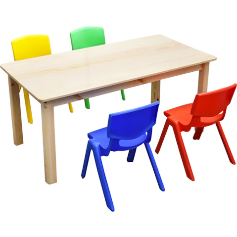 HelloDeal 120 x 60cm Pinewood Kids Study Table and 4 Piece Plastic Chair Set - Mixed