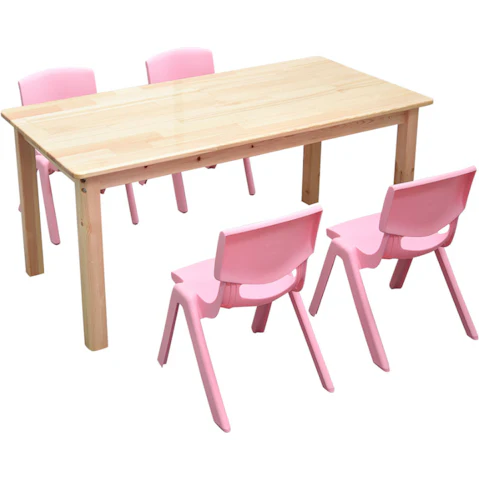 HelloDeal 120 x 60cm Pinewood Kids Study Table and 4 Piece Plastic Chair Set - Pink