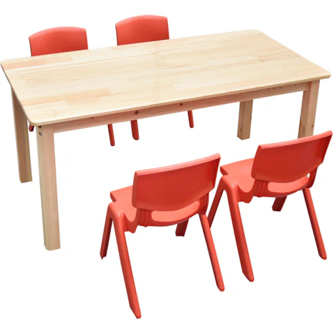 HelloDeal 120 x 60cm Pinewood Kids Study Table and 4 Piece Plastic Chair Set - Red