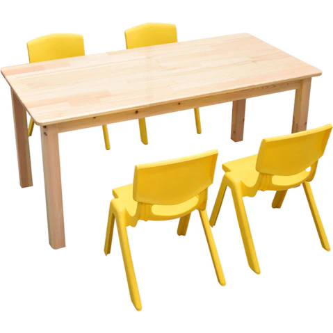 HelloDeal 120 x 60cm Pinewood Kids Study Table and 4 Piece Plastic Chair Set - Yellow