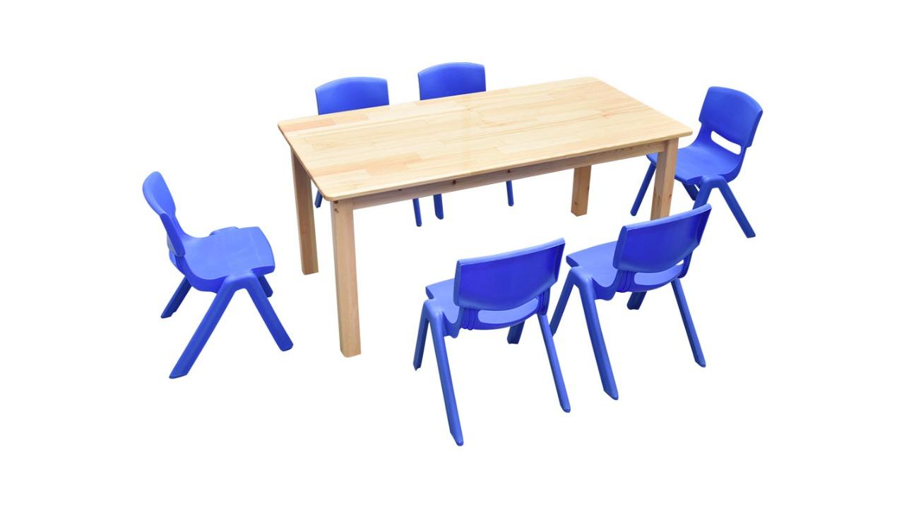 HelloDeal 120 x 60cm Pinewood Kids Study Table and 6 Piece Plastic Chair Set - Blue