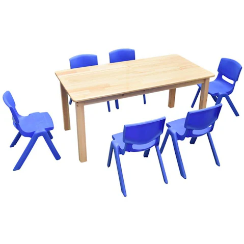 HelloDeal 120 x 60cm Pinewood Kids Study Table and 6 Piece Plastic Chair Set - Blue