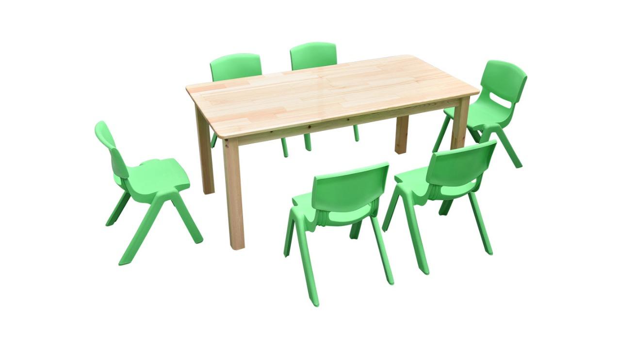 HelloDeal 120 x 60cm Pinewood Kids Study Table and 6 Piece Plastic Chair Set - Green