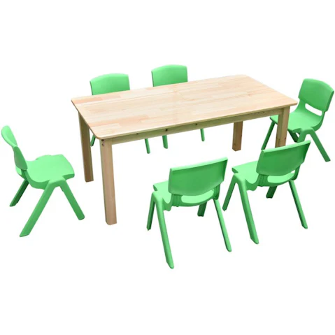 HelloDeal 120 x 60cm Pinewood Kids Study Table and 6 Piece Plastic Chair Set - Green