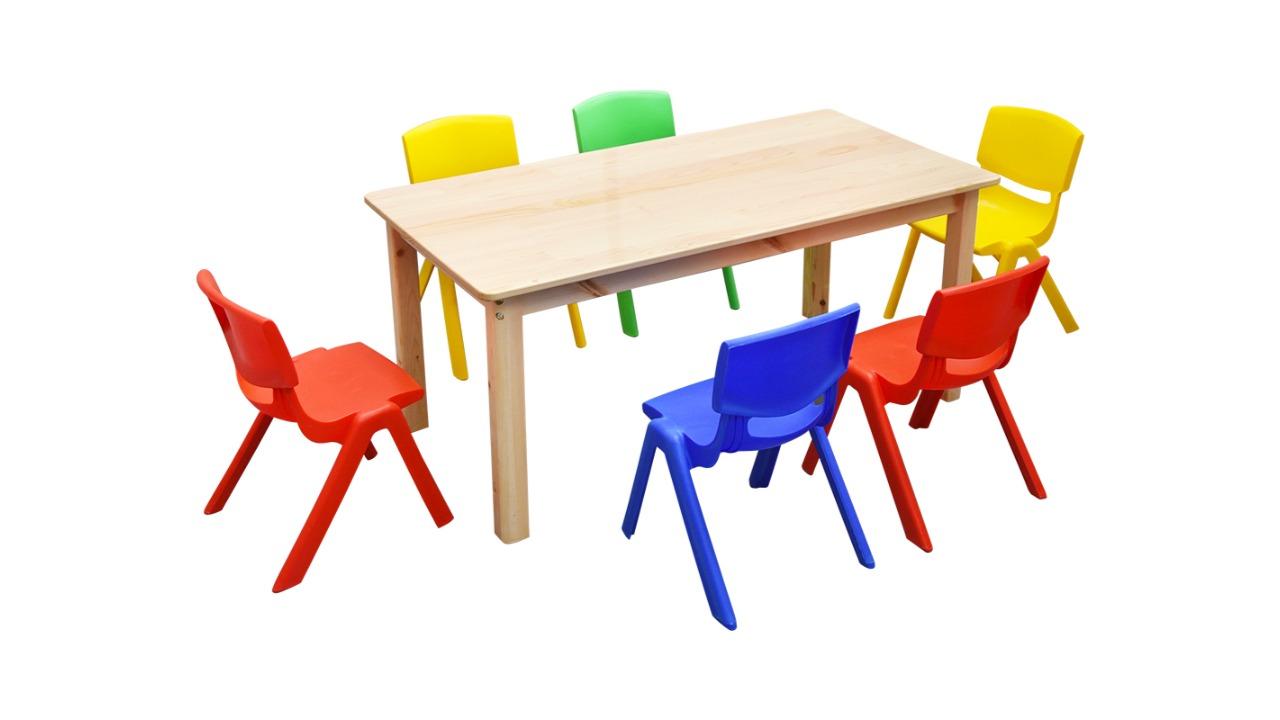 HelloDeal 120 x 60cm Pinewood Kids Study Table and 6 Piece Plastic Chair Set - Mixed