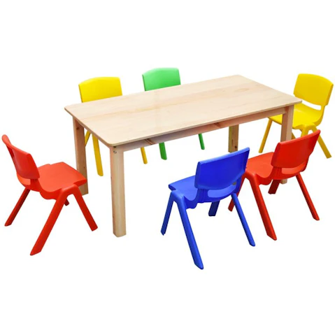HelloDeal 120 x 60cm Pinewood Kids Study Table and 6 Piece Plastic Chair Set - Mixed