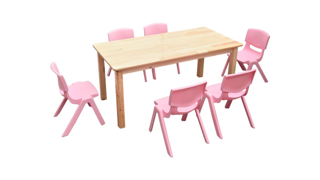 HelloDeal 120 x 60cm Pinewood Kids Study Table and 6 Piece Plastic Chair Set - Pink