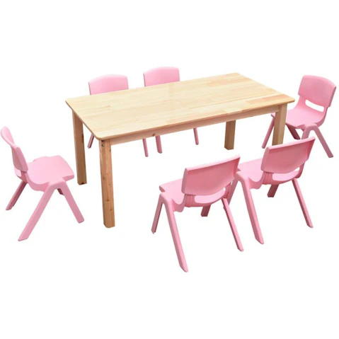 HelloDeal 120 x 60cm Pinewood Kids Study Table and 6 Piece Plastic Chair Set - Pink