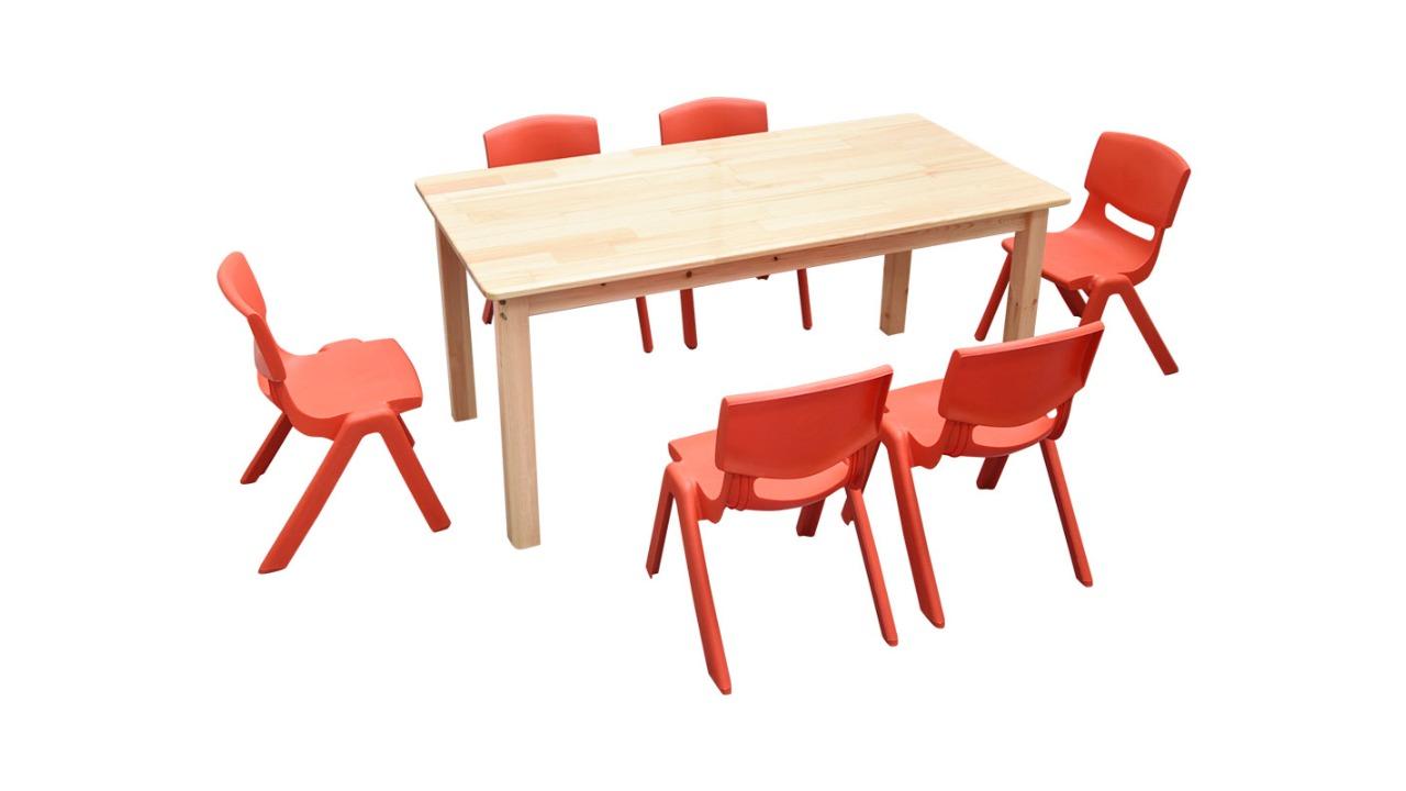 HelloDeal 120 x 60cm Pinewood Kids Study Table and 6 Piece Plastic Chair Set - Red