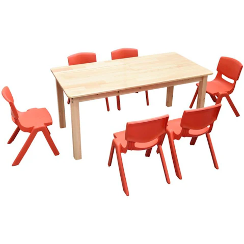 HelloDeal 120 x 60cm Pinewood Kids Study Table and 6 Piece Plastic Chair Set - Red