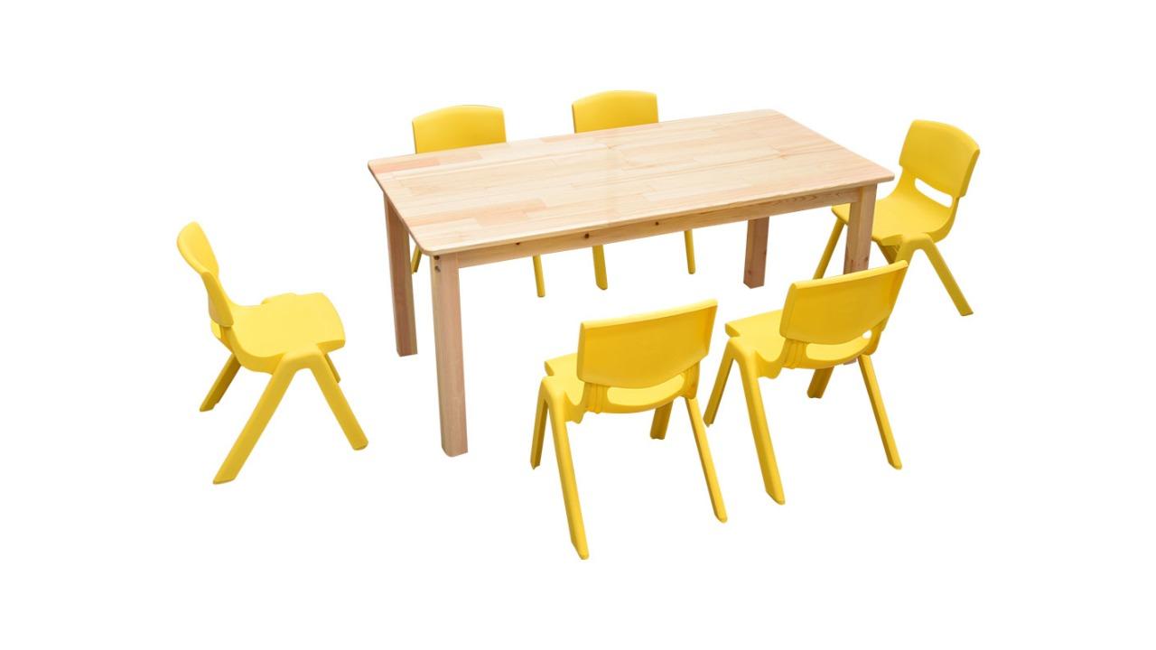 HelloDeal 120 x 60cm Pinewood Kids Study Table and 6 Piece Plastic Chair Set - Yellow
