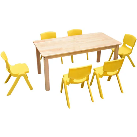 HelloDeal 120 x 60cm Pinewood Kids Study Table and 6 Piece Plastic Chair Set - Yellow