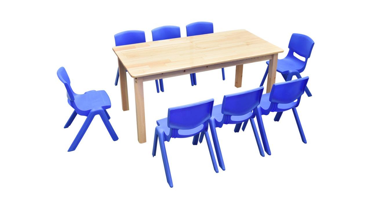 HelloDeal 120 x 60cm Pinewood Kids Study Table and 8 Piece Plastic Chair Set - Blue