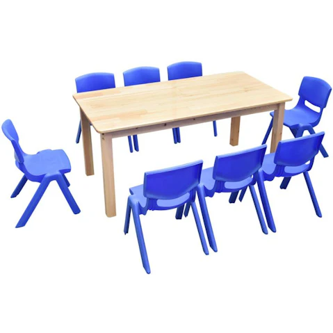 HelloDeal 120 x 60cm Pinewood Kids Study Table and 8 Piece Plastic Chair Set - Blue