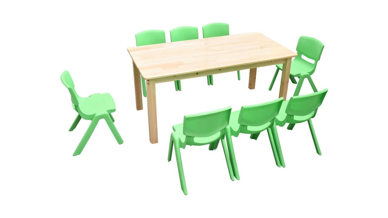 HelloDeal 120 x 60cm Pinewood Kids Study Table and 8 Piece Plastic Chair Set - Green