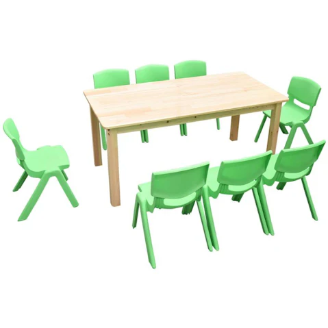 HelloDeal 120 x 60cm Pinewood Kids Study Table and 8 Piece Plastic Chair Set - Green