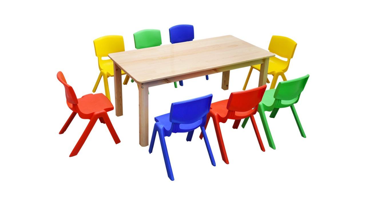 HelloDeal 120 x 60cm Pinewood Kids Study Table and 8 Piece Plastic Chair Set - Mixed