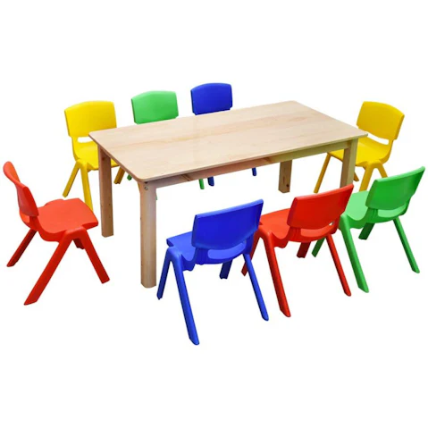 HelloDeal 120 x 60cm Pinewood Kids Study Table and 8 Piece Plastic Chair Set - Mixed