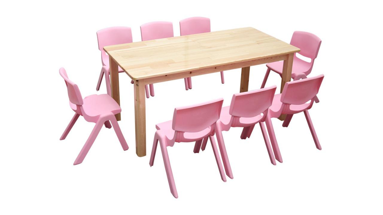 HelloDeal 120 x 60cm Pinewood Kids Study Table and 8 Piece Plastic Chair Set - Pink